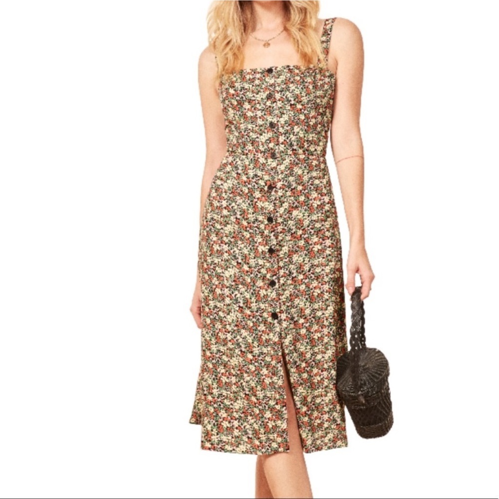 REFORMATION Persimmon Floral Midi A-line‎ Dress In Tuesday Ditsy Floral 12 NEW